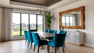 Angled view of the Solona Sideboard in a dining room setup, showcasing its sleek profile, ample storage, and elegant design that complements modern dining spaces.
